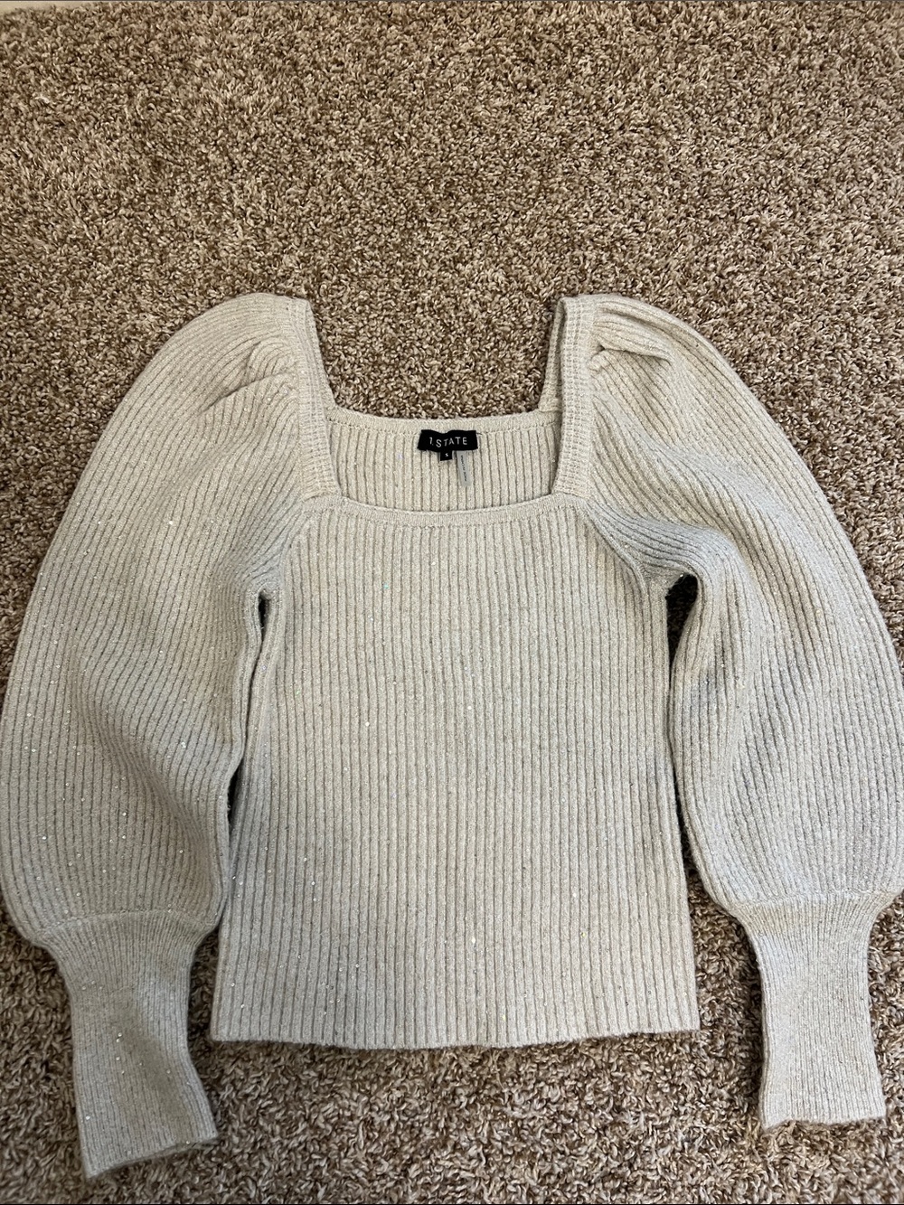 1. State Cream Ribbed Square-Neck Sweater with Puff Sleeves